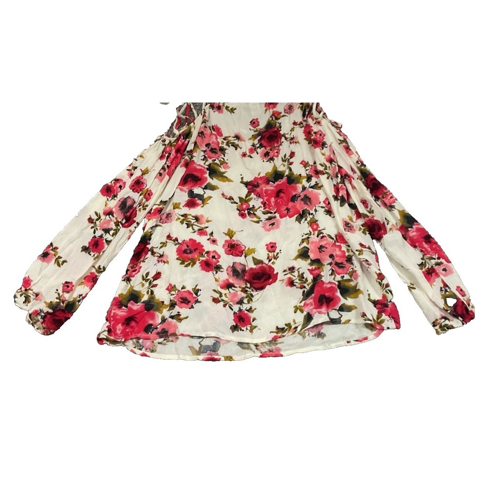 Gypsies & Moondust Pink Brown Floral Crop Top Cold Shoulder Strappy Sleeves Sz M
